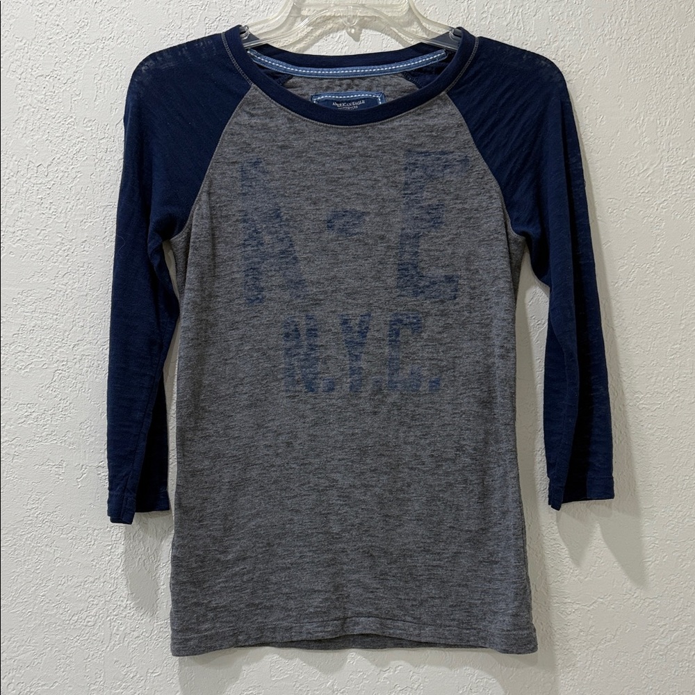 American Eagle Outfitters Navy and Gray Long Sleeve Tee